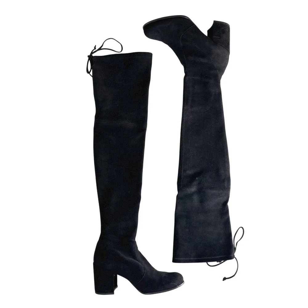 Stuart‎ Weitzman Tieland Black Suede Over-The-Knee Block Heel Boots 7.5 M EUC